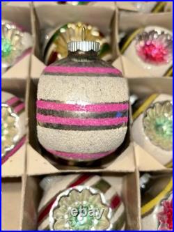 VTG Mica Striped Double Indent Round Glass Xmas Ornament Box/12 4 Ex Cond