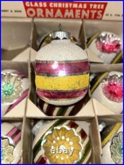 VTG Mica Striped Double Indent Round Glass Xmas Ornament Box/12 4 Ex Cond