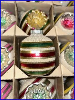VTG Mica Striped Double Indent Round Glass Xmas Ornament Box/12 4 Ex Cond