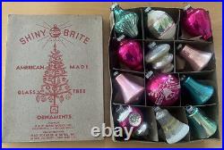 VTG Rare Feather Tree Box With 12 SHINY Brite 3 Ornaments Pinks Bells Indent UFO