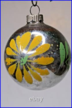 VTG pre WWII Glass GLD DAISY Flower Picture BALL Christmas Ornament HEIM US of A