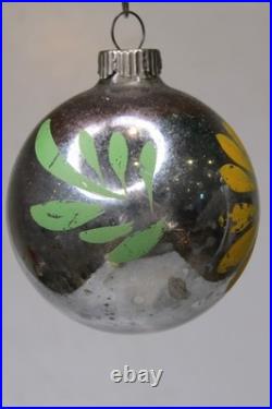 VTG pre WWII Glass GLD DAISY Flower Picture BALL Christmas Ornament HEIM US of A