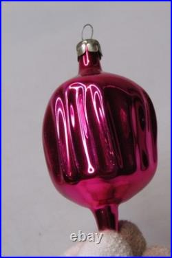 VTG pre WWII era Blown Glass Fluted Hot Pink 3 DROP Christmas Ornament HEIM