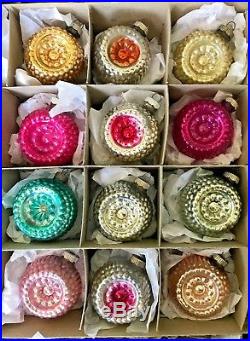 Vintage 12 Colorful Double Indent Bumpy Shiny Brite Glass Christmas Ornaments