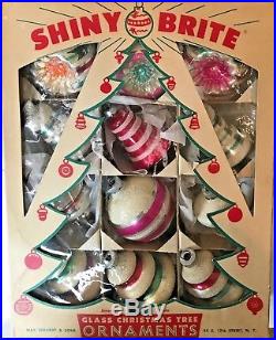 Vintage 12 Frosted Top Trees Indent Bell Shiny Brite Glass Christmas Ornaments