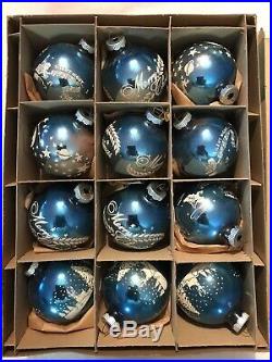 Vintage 12 Shiny Brite Blue Xmas Ornaments Stenciled Moon Stars Space Deer Boxed