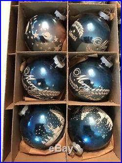 Vintage 12 Shiny Brite Blue Xmas Ornaments Stenciled Moon Stars Space Deer Boxed