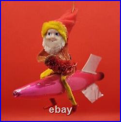 Vintage 1960s Elf on Rocket Christmas Ornament Mercury Glass Pink Atomic MCM