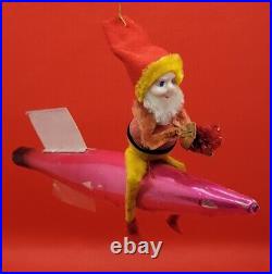 Vintage 1960s Elf on Rocket Christmas Ornament Mercury Glass Pink Atomic MCM