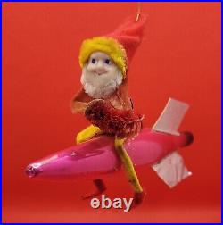 Vintage 1960s Elf on Rocket Christmas Ornament Mercury Glass Pink Atomic MCM