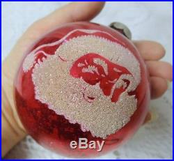 Vintage 50's BUD Christmas Tree Glass Large Red Balll Santa Face Ornament