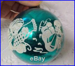 Vintage 50s BUD Christmas Tree Glass Huge Turquoise Blue Snow Play Kids Ornament