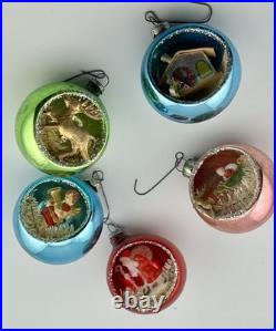Vintage 50s Diorama Glass Indent Christmas Scenes Ornaments Set of 5