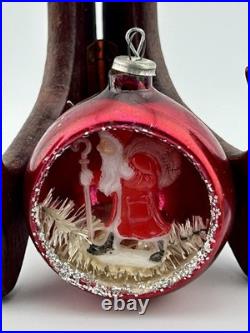 Vintage 50s Diorama Glass Indent Christmas Scenes Ornaments Set of 5