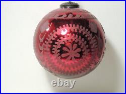 Vintage 6 Kugel Style Cranberry Etched Glass Christmas Ornament CO58