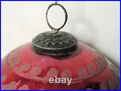 Vintage 6 Kugel Style Cranberry Etched Glass Christmas Ornament CO58