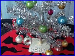Vintage Aluminum 16 Table Top Christmas Tree Box Angel Topper Glass Ornaments