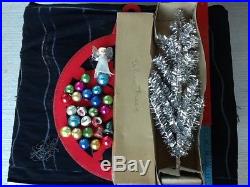 Vintage Aluminum 16 Table Top Christmas Tree Box Angel Topper Glass Ornaments