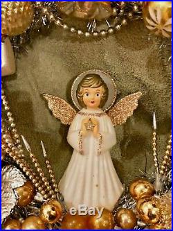 Vintage Antique Golden Angel Ornament Christmas Wreath Tinsel Glass Plastic