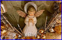 Vintage Antique Golden Angel Ornament Christmas Wreath Tinsel Glass Plastic