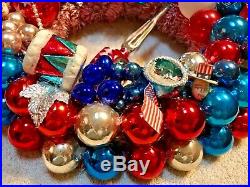 Vintage Antique Patriotic USA Christmas Ornament Wreath Tinsel Glass Plastic