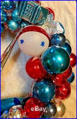 Vintage Antique Patriotic USA Christmas Ornament Wreath Tinsel Glass Plastic