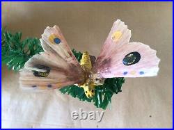 Vintage Antique Spun Glass Clip On Clay Butterfly Christmas Ornament Germany