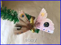 Vintage Antique Spun Glass Clip On Clay Butterfly Christmas Ornament Germany