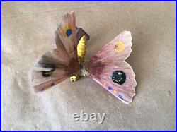 Vintage Antique Spun Glass Clip On Clay Butterfly Christmas Ornament Germany