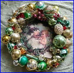 Vintage Antique The Welcome Ornament Christmas Wreath Tinsel Glass Die Cut