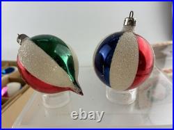 Vintage Box BEACH BALL & INDENTS With MICA GLITTER Blown Glass Ornaments POLAND