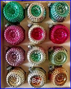 Vintage Box Double Indent Bumpy Colorful Shiny Brite Glass Christmas Ornaments