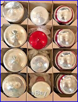 Vintage Box Frosted Trees Indents Bells Shiny Brite Glass Christmas Ornaments