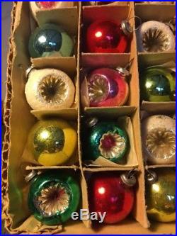 Vintage Box Of 36 Miniature Feather Tree Indent Mercury Glass Christmas Ornament