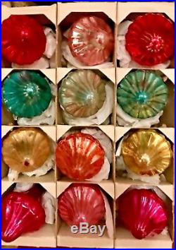 Vintage Box of 12 Colorful Spinning Tops Shiny Brite Glass Christmas Ornaments