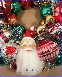 Vintage CHRISTMAS ORNAMENT 18 WREATH Glass Santa Pixie Elf Tinsel Handmade