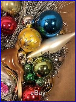 Vintage CHRISTMAS ORNAMENT 18 WREATH Glass Santa Reindeer Tinsel Handmade