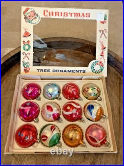Vintage Christmas Glass Handpainted Boxed Ornaments Poland Set of 12 Floral Leaf