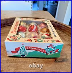 Vintage Christmas Glass Handpainted Boxed Ornaments Poland Set of 12 Floral Leaf