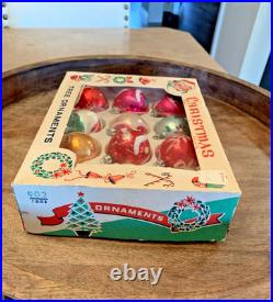 Vintage Christmas Glass Handpainted Boxed Ornaments Poland Set of 12 Floral Leaf