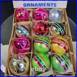 Vintage Christmas Ornament Balls Baubles Round Glass Estimated 1950s Set Of 12