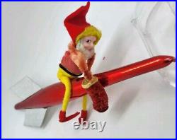 Vintage Christmas Ornament Elf on Rocket Mercury Glass Pink