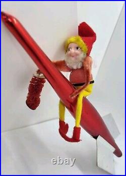 Vintage Christmas Ornament Elf on Rocket Mercury Glass Pink