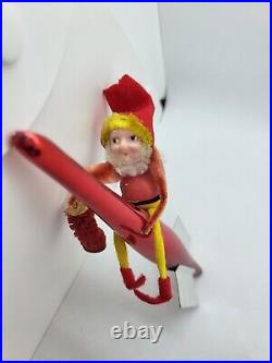 Vintage Christmas Ornament Elf on Rocket Mercury Glass Pink