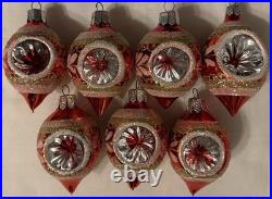 Vintage Christmas Ornament Glass Reflector Indent Teardrop Pink/Red Glitter x7