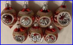 Vintage Christmas Ornament Glass Reflector Indent Teardrop Pink/Red Glitter x7