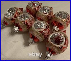 Vintage Christmas Ornament Glass Reflector Indent Teardrop Pink/Red Glitter x7