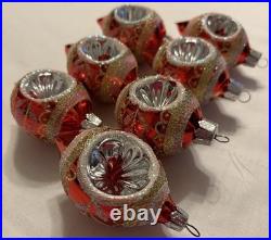 Vintage Christmas Ornament Glass Reflector Indent Teardrop Pink/Red Glitter x7