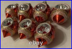 Vintage Christmas Ornament Glass Reflector Indent Teardrop Pink/Red Glitter x7