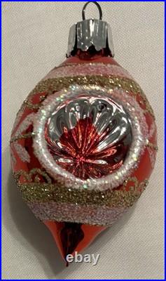 Vintage Christmas Ornament Glass Reflector Indent Teardrop Pink/Red Glitter x7